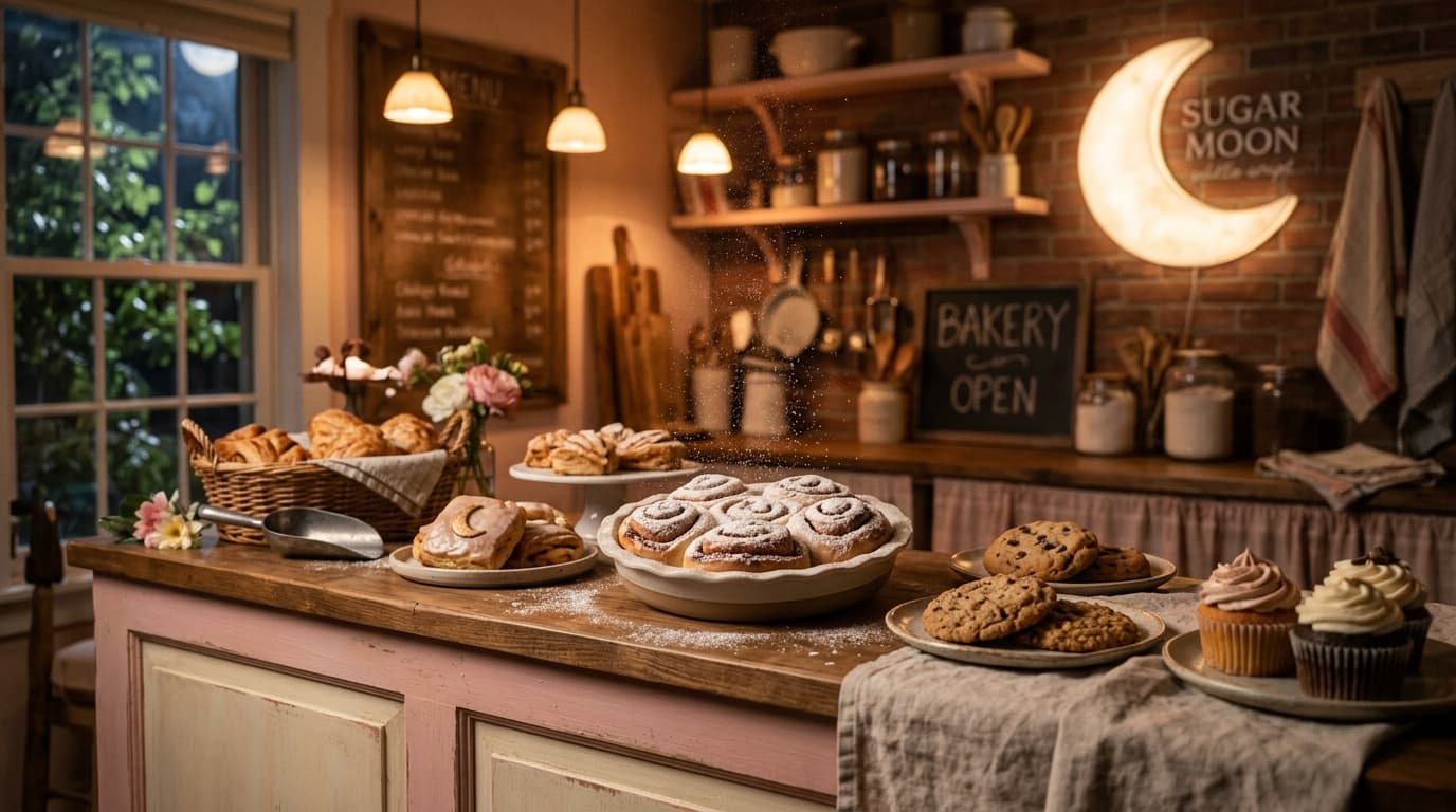 Sugar Moon pastries on a pastel bakery counter